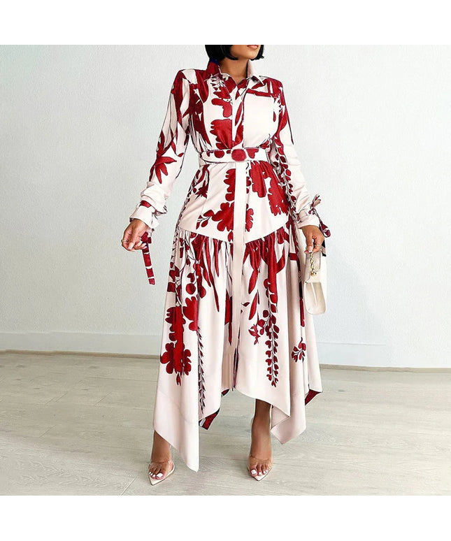 Elegant Printed Dresses Woman 2024 Turn Down Collar Single Breasted Full Sleeve Asymmetric Ankle Length Fashion Birthday Dress