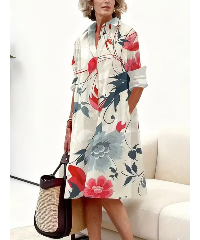 2025 New Women'S Dress, Autumn And Winter New Print Fashion Casual Retro Flower Commuter Lapel Shirt Dress