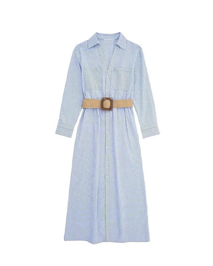 Women's Elegant Rolled Sleeve Blue Striped Shirt Dress Single Breasted Lapel With Belt High Waist Long Sleeve Dresses