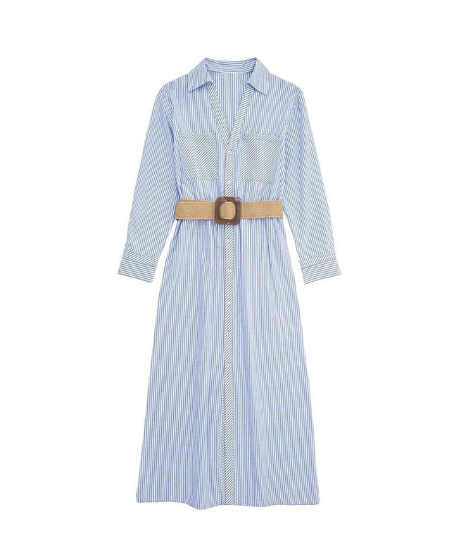 Women's Elegant Rolled Sleeve Blue Striped Shirt Dress Single Breasted Lapel With Belt High Waist Long Sleeve Dresses