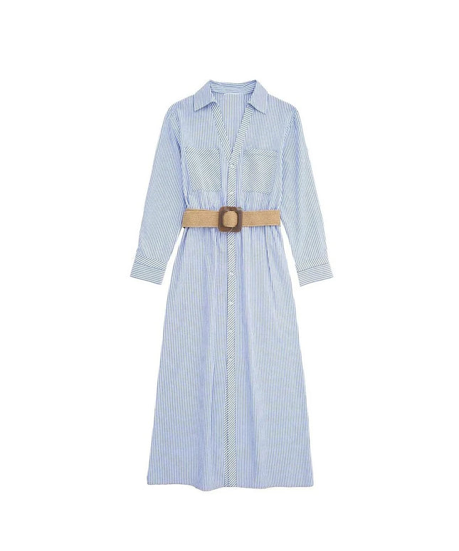 Women's Elegant Rolled Sleeve Blue Striped Shirt Dress Single Breasted Lapel With Belt High Waist Long Sleeve Dresses