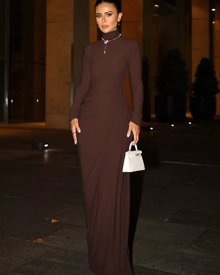 Dulzura Autumn Fashion Elegant High Collar Long Sleeve Ruched Slim Fit Long Dress Women'S Solid Casual Party Club Street Clothes
