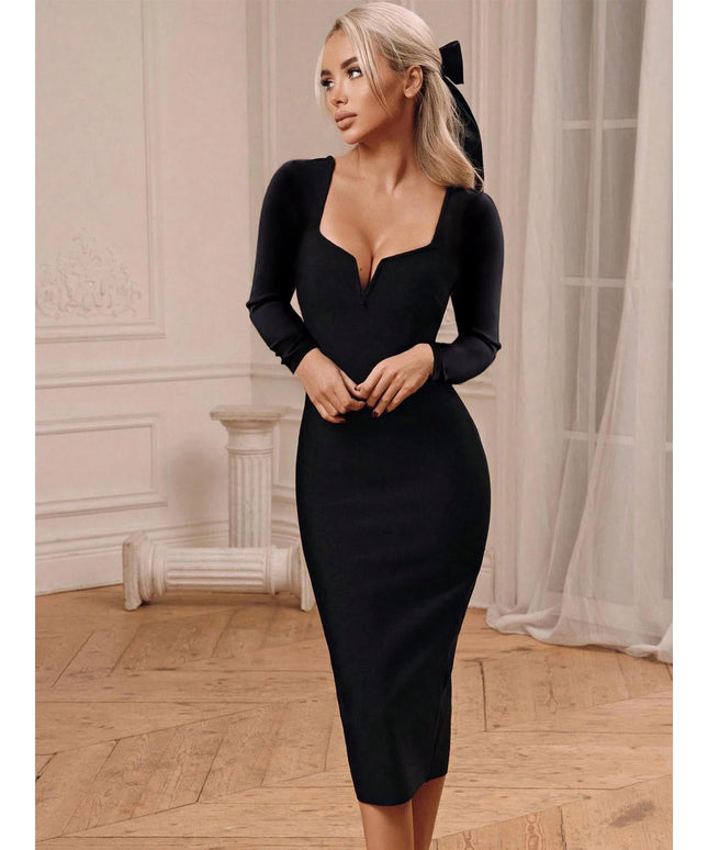 Women's Fantasy Long Sleeve V Neck Midi Bodycon Dress Summer Bandage Dress Black Elegant Wedding Evening Cocktail Party Dress Se