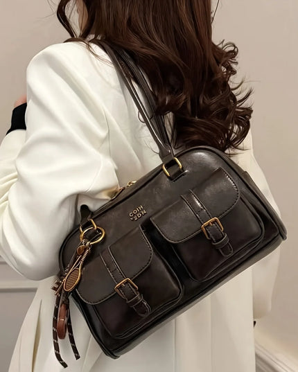 Women's Coffee Brown Multi-Pocket Handbag Shoulder Bag, Stylish Versatile Letter Crossbody Purse for Travel Work Shopping Dates