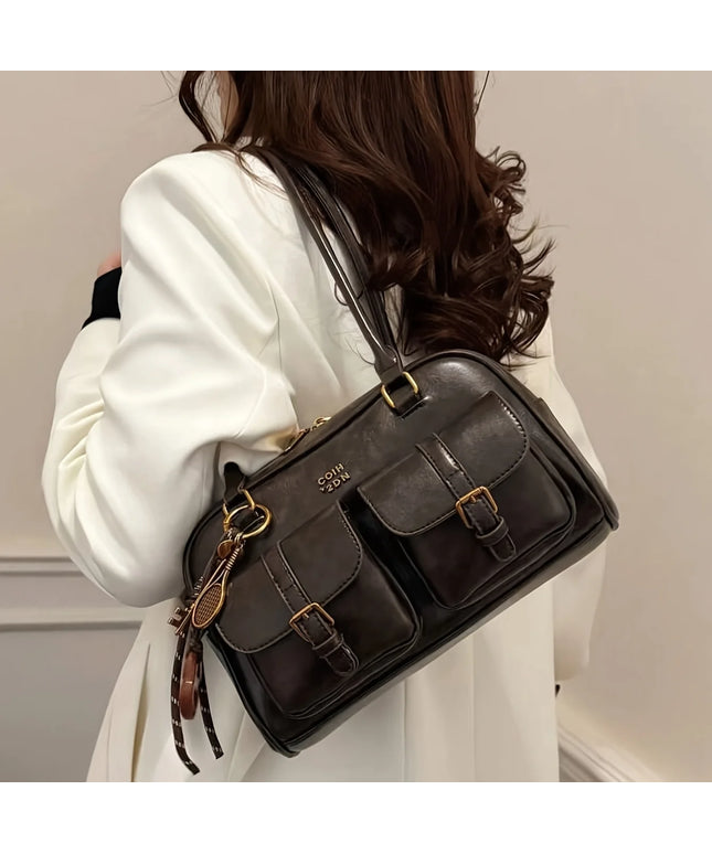 Women's Coffee Brown Multi-Pocket Handbag Shoulder Bag, Stylish Versatile Letter Crossbody Purse for Travel Work Shopping Dates