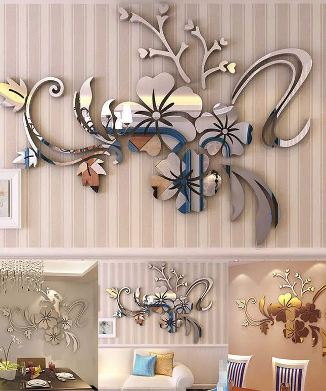 Acrylic Flower Mirror 3D Decorative Wall Stickers, Art Muralist for Bedroom TV Background Decoration