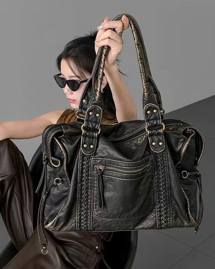 Y2K Spicy Girl One Shoulder Crossbody Bag Vintage Washed Leather Motorcycle Bag Large Capacity Bag