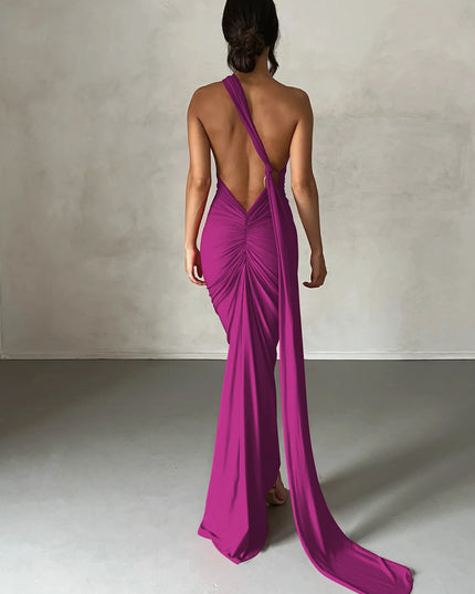 Hugcitar One Shoulder Backless Adjustable Scarf Loop Ruched Sexy Maxi Dress Women Elegant Y2K Streetwear Festival Outfit