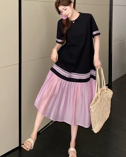 NYFS 2025 Summer Dress Loose plus Size Black Patchwork Pink Hem Long Dresses Robe Elbise Short Sleeve Korean Style Woman Dress