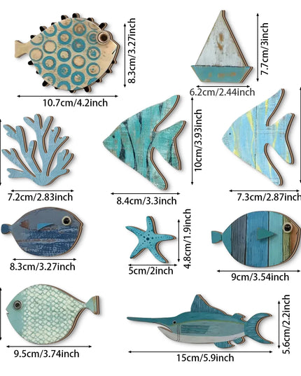 Handcrafted Wooden Ocean Wall Decor - Fish, Coral, Starfish & Sailboat Set for Home/Bathroom, Coastal Style Art