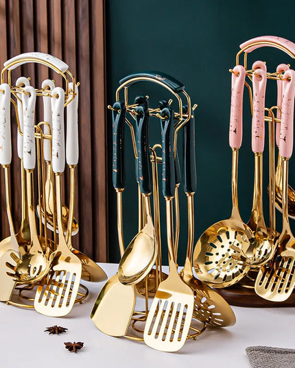 7pcs stainless steel spatula soup spoon kitchenware set cooking spatula kitchen supplies ceramic handle Nordic kitchen tools