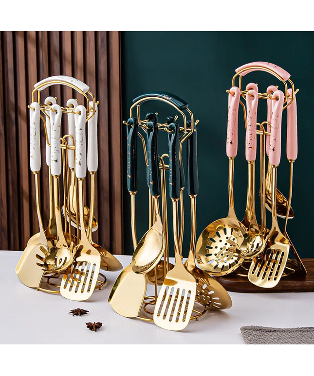 7pcs stainless steel spatula soup spoon kitchenware set cooking spatula kitchen supplies ceramic handle Nordic kitchen tools