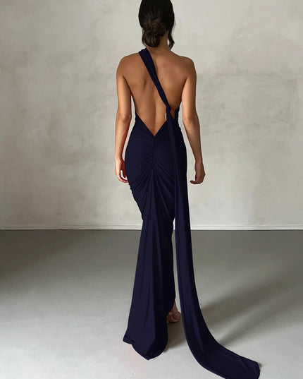 Hugcitar One Shoulder Backless Adjustable Scarf Loop Ruched Sexy Maxi Dress Women Elegant Y2K Streetwear Festival Outfit