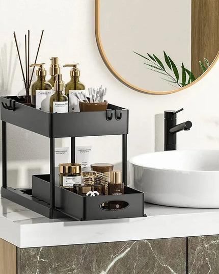 2 Tier Under Sink Organizer Sliding Cabinet Basket Organizer Storage Rack with Hooks Hanging Cup Bathroom Kitchen Organizer