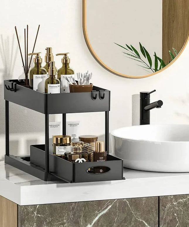 2 Tier Under Sink Organizer Sliding Cabinet Basket Organizer Storage Rack with Hooks Hanging Cup Bathroom Kitchen Organizer