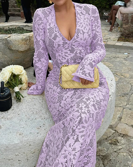 ZANZEA Women's Sexy Tight Clubbing Party Dresses Deep-V Neck Long Sleeve See-Through Lace Bodycon Long Dress Plus Size 5XL