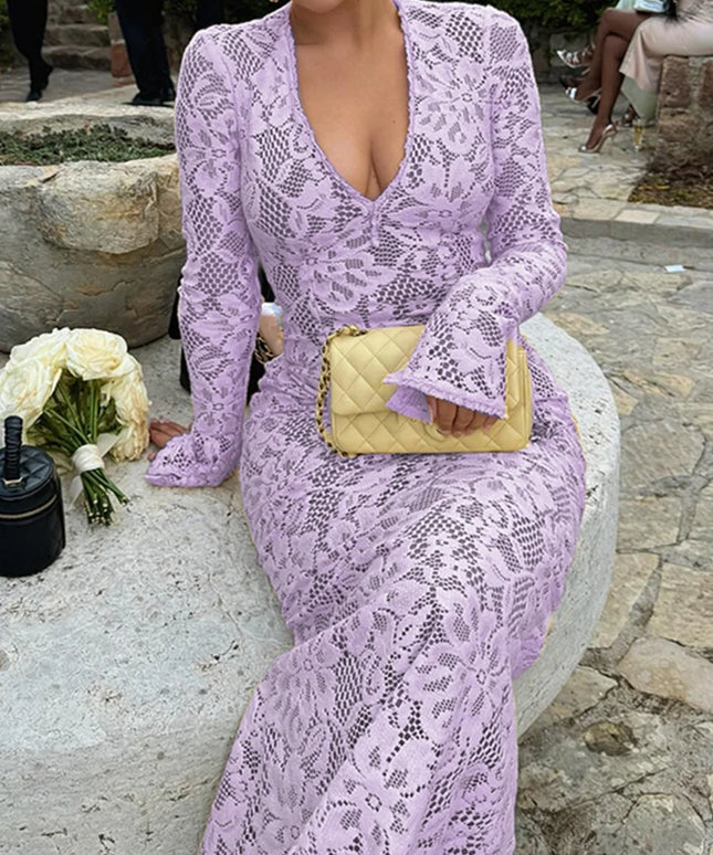 ZANZEA Women's Sexy Tight Clubbing Party Dresses Deep-V Neck Long Sleeve See-Through Lace Bodycon Long Dress Plus Size 5XL