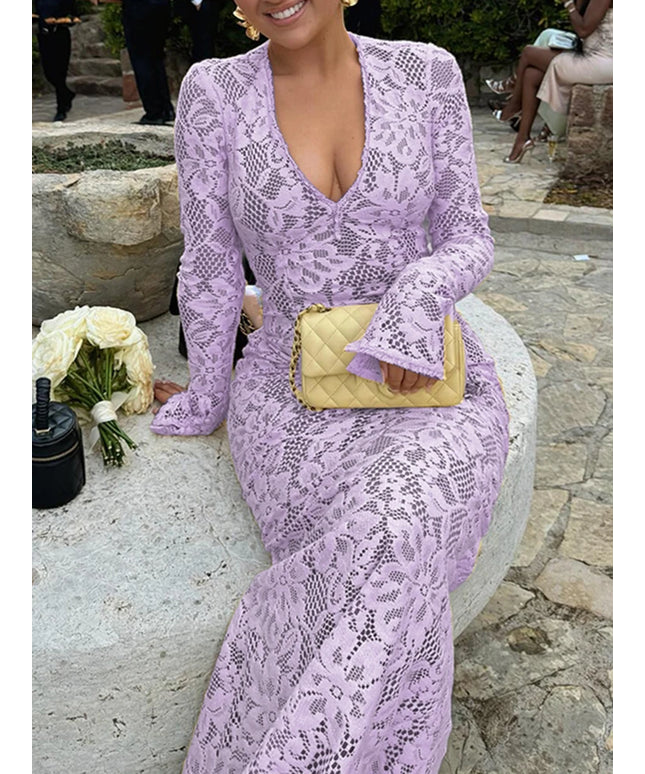 ZANZEA Women's Sexy Tight Clubbing Party Dresses Deep-V Neck Long Sleeve See-Through Lace Bodycon Long Dress Plus Size 5XL