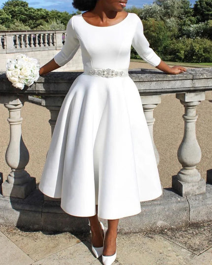 Elegant Party Dress for Woman 2024 Modern O Neck Three Quarter Sleeve High Waisted A Line Mid Calf Birthday Dinner Wedding Cloth