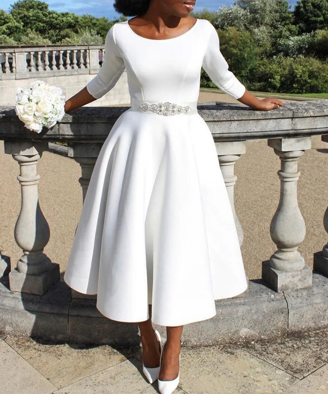 Elegant Party Dress for Woman 2024 Modern O Neck Three Quarter Sleeve High Waisted A Line Mid Calf Birthday Dinner Wedding Cloth