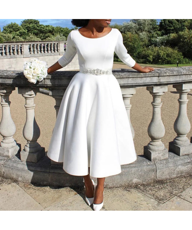 Elegant Party Dress for Woman 2024 Modern O Neck Three Quarter Sleeve High Waisted A Line Mid Calf Birthday Dinner Wedding Cloth