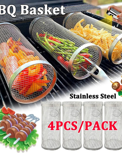 Rolling Bbq Basket- Greatest Grilling Basket Ever, Round Stainless Steel Grill Mesh, Camping Barbecue Rack For Vegetables,Fish