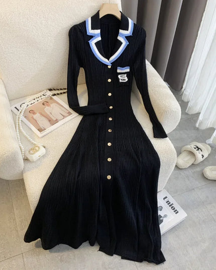 YuooMuoo Elegant Embroidery Letter Knitted Maxi Dress Autumn Winter Brand Fashion Lady Notched Black Sweater Dress Office Robes