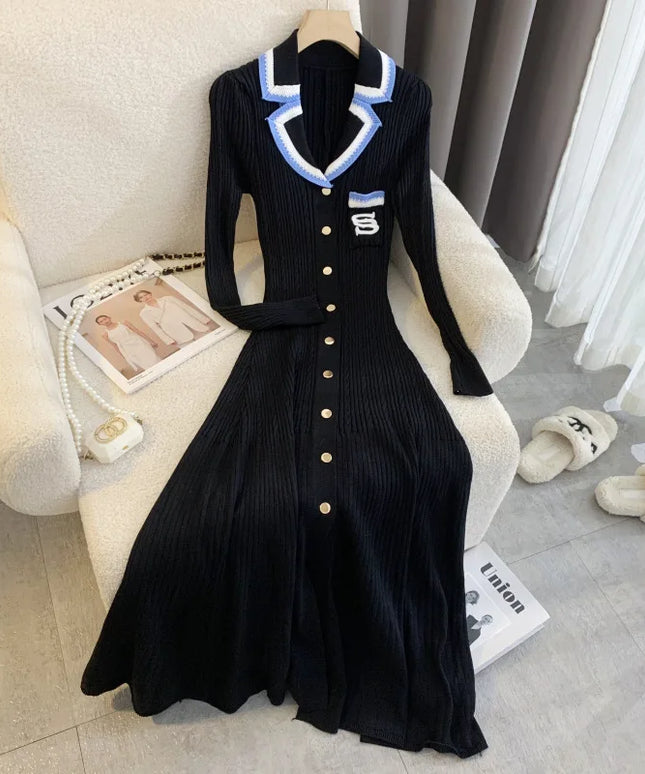 YuooMuoo Elegant Embroidery Letter Knitted Maxi Dress Autumn Winter Brand Fashion Lady Notched Black Sweater Dress Office Robes
