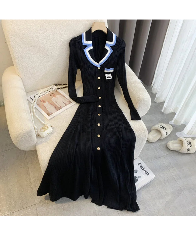 YuooMuoo Elegant Embroidery Letter Knitted Maxi Dress Autumn Winter Brand Fashion Lady Notched Black Sweater Dress Office Robes