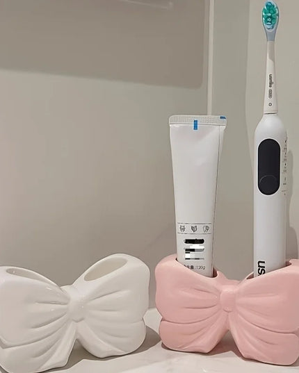 Bow-Shaped Toothbrush Holder with Storage for Electric Toothbrushes - Bathroom Decor, White & Pink DesignToiletry Organizer