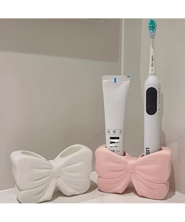 Bow-Shaped Toothbrush Holder with Storage for Electric Toothbrushes - Bathroom Decor, White & Pink DesignToiletry Organizer