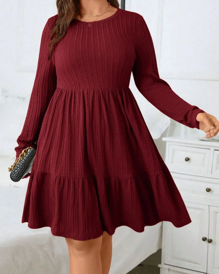 Plus size women's autumn and winter dress, solid color round neck long sleeve ruffle hem dress with pockets, autumn and winter p