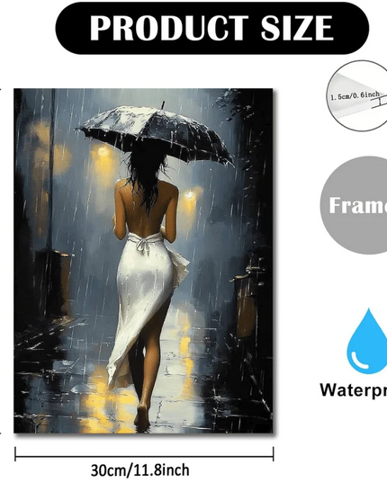 [Elegant Style] Romantic Rainy Night Canvas Art with Wooden Frame–Elegant Umbrella Street Scene, Perfect for Living Room,Bedroom