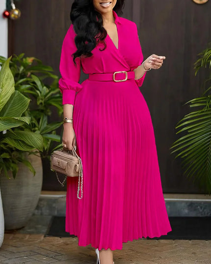 Elegant Office Dresses for Women Pleated Deep V Neck Full Sleeve Belt Waisted Ankle Length African Business Work Wear Dress New