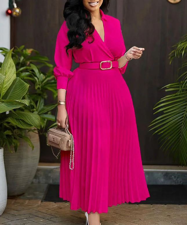 Elegant Office Dresses for Women Pleated Deep V Neck Full Sleeve Belt Waisted Ankle Length African Business Work Wear Dress New