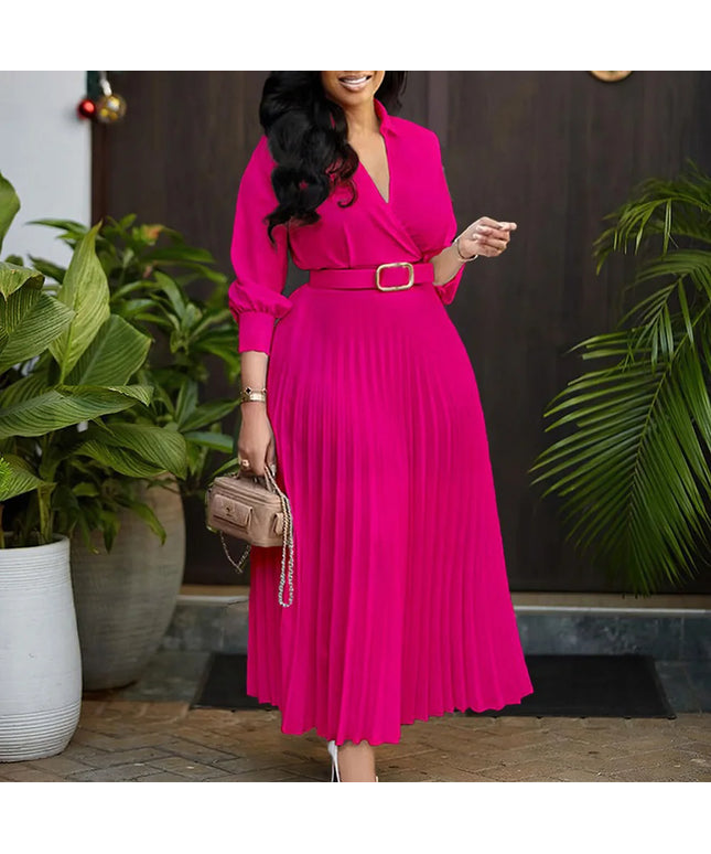 Elegant Office Dresses for Women Pleated Deep V Neck Full Sleeve Belt Waisted Ankle Length African Business Work Wear Dress New
