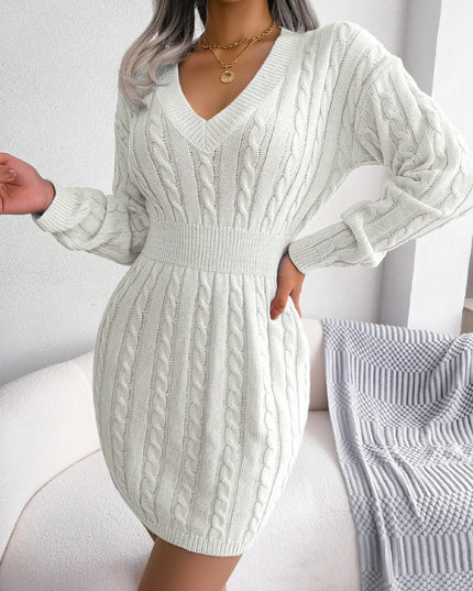 VigoCasey 2025 V Neck Casual Short Knit Dress Autumn Winter Women Solid Long Sleeve Dress Lady Khaki Bodycon Knitted Dresses