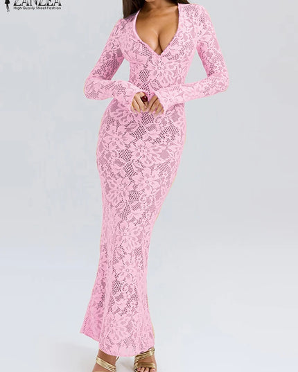 ZANZEA Women's Sexy Tight Clubbing Party Dresses Deep-V Neck Long Sleeve See-Through Lace Bodycon Long Dress Plus Size 5XL