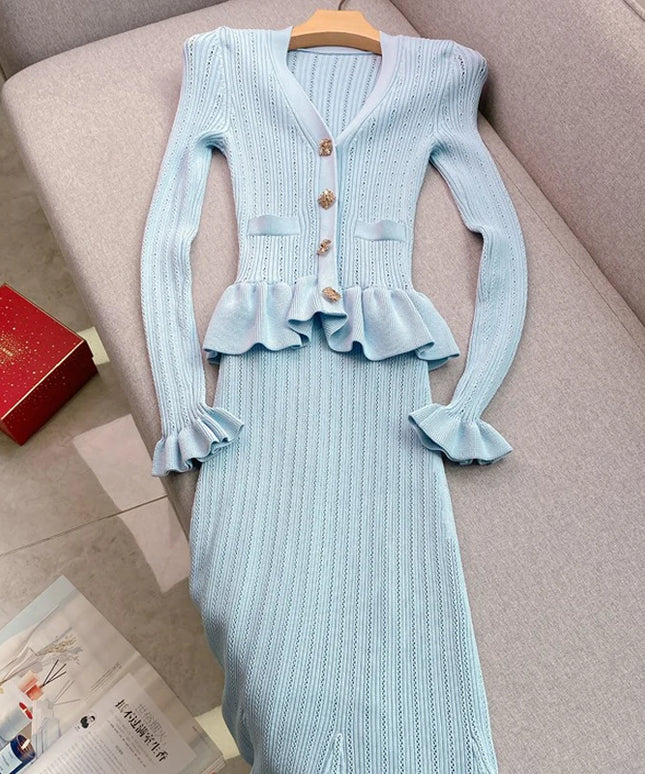 YuooMuoo Brand Fashion One-piece Knitted Maxi Dress Women Elegant V-neck Ruffled Slim Waist Bodycon Sweater Dress Party Vestido