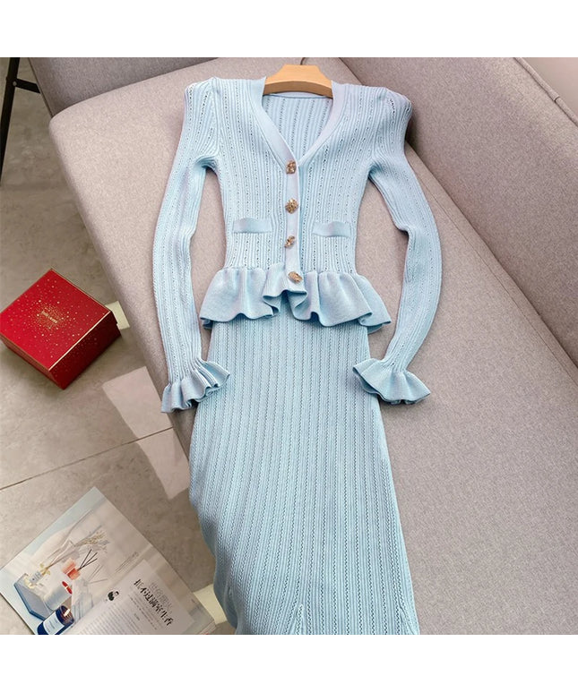 YuooMuoo Brand Fashion One-piece Knitted Maxi Dress Women Elegant V-neck Ruffled Slim Waist Bodycon Sweater Dress Party Vestido