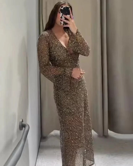 Sexy Sequined Long Pleated Dress Women Deep V-neck Full Sleeve See Through Dresses 2025 Summer Lady Party Evening Dresses ﻿