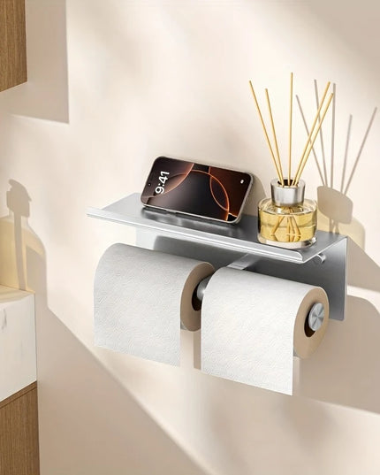 Double Toilet Paper Holder Wall-Mounted Stainless Steel Toilet Paper Holder with Phone Shelf Tissue Holder Bathroom Accessories