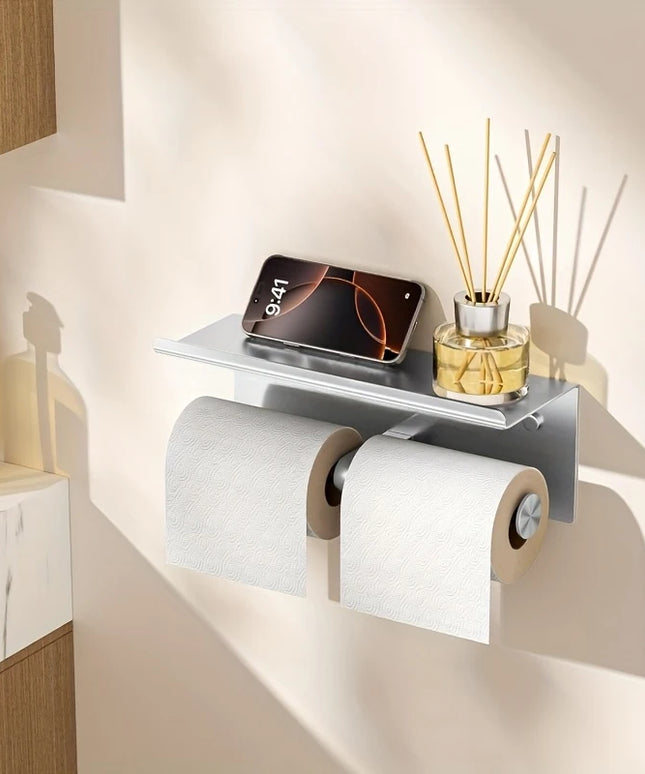 Double Toilet Paper Holder Wall-Mounted Stainless Steel Toilet Paper Holder with Phone Shelf Tissue Holder Bathroom Accessories