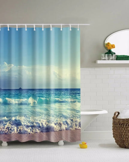 Seaside Scenic Beach Shells Shower Curtains Starfish Conch Blue Board Palm Trees Sunset Nature Scenery Bathroom Curtain Decor