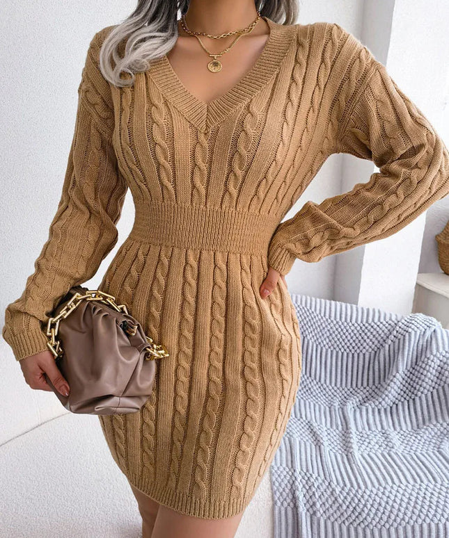 VigoCasey 2025 V Neck Casual Short Knit Dress Autumn Winter Women Solid Long Sleeve Dress Lady Khaki Bodycon Knitted Dresses