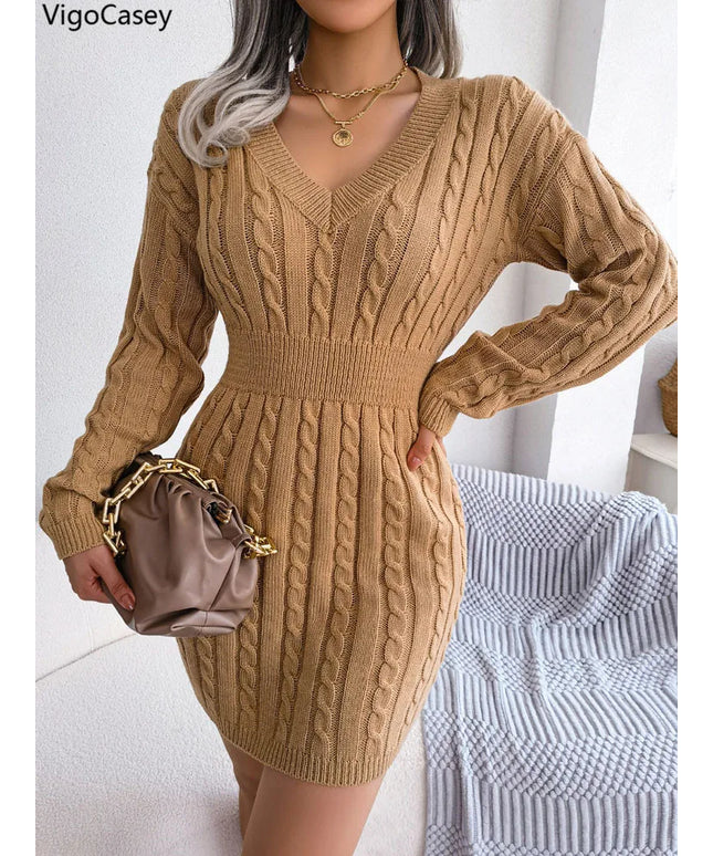 VigoCasey 2025 V Neck Casual Short Knit Dress Autumn Winter Women Solid Long Sleeve Dress Lady Khaki Bodycon Knitted Dresses