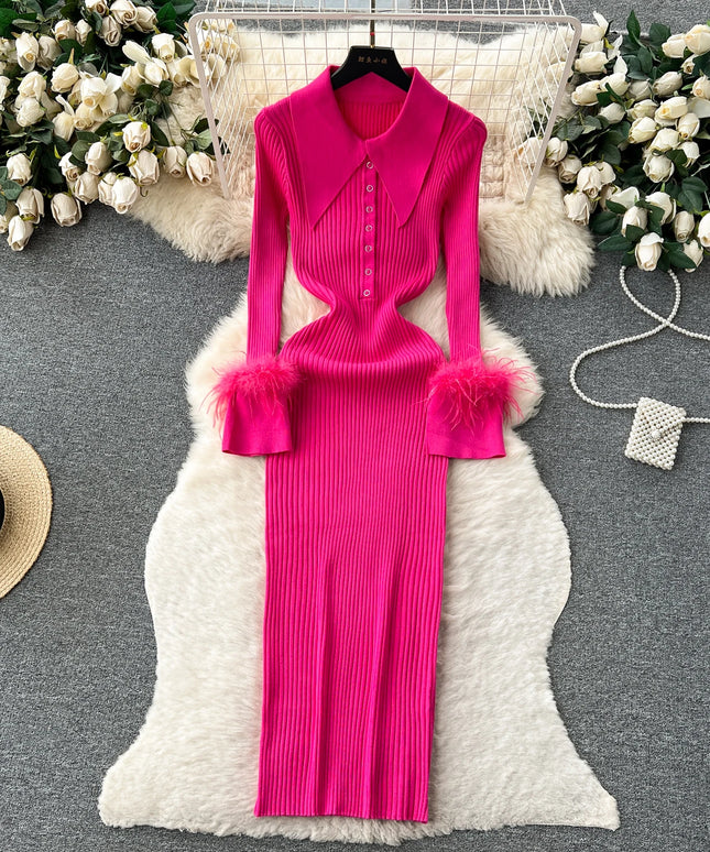YuooMuoo Women Dress 2025 Autumn Winter Elegant Fur Long Sleeve Knitted Sweater Dress Chic Lady Wrap Hips Bodycon Long Vestidos