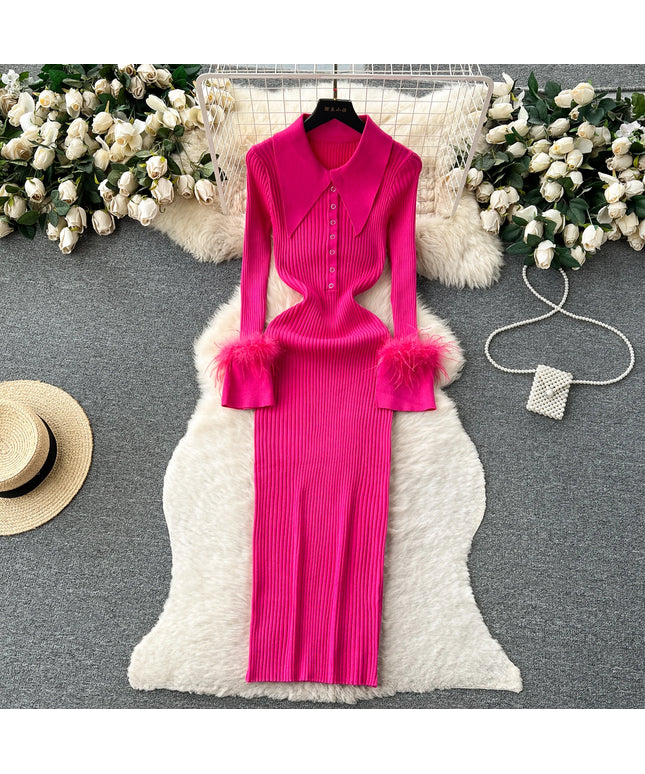 YuooMuoo Women Dress 2025 Autumn Winter Elegant Fur Long Sleeve Knitted Sweater Dress Chic Lady Wrap Hips Bodycon Long Vestidos