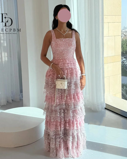 EDECPBM Pink Women Evening Dress Luxurious Evening Dresses 2025 Luxury Vestidos De Festa Sequins Multi-layer فساتين سهرة Prom