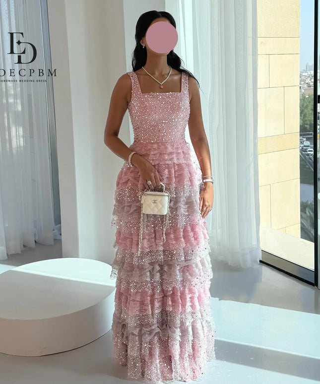 EDECPBM Pink Women Evening Dress Luxurious Evening Dresses 2025 Luxury Vestidos De Festa Sequins Multi-layer فساتين سهرة Prom